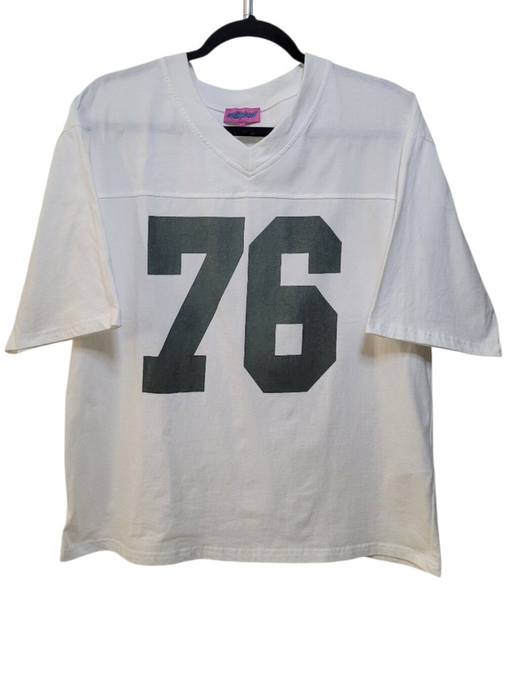 Edikted 76 Oversized Jersey T Shirt White V Neck Graphic Football Tee Small Y2K